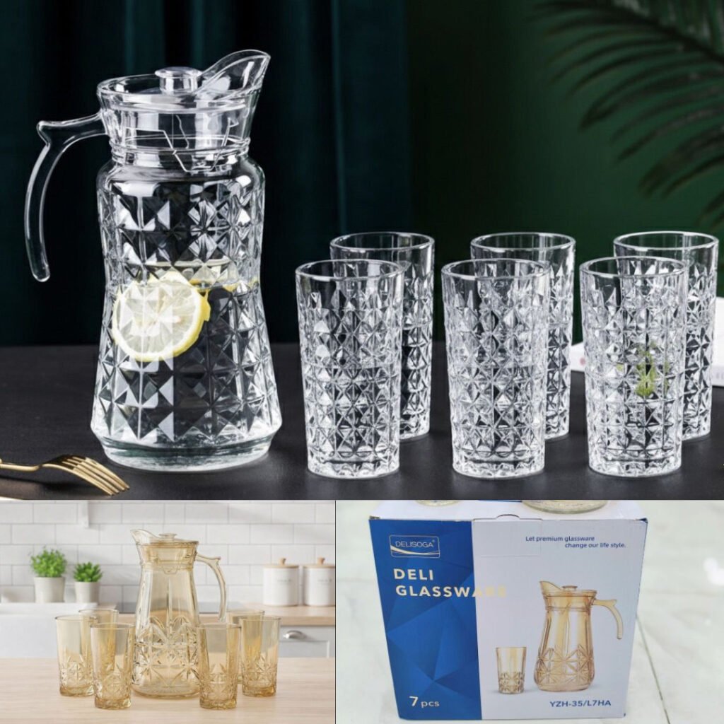 7PCS Glassware Set Crystal Effect Water 1.7L Jug 6 Tumblers Glass