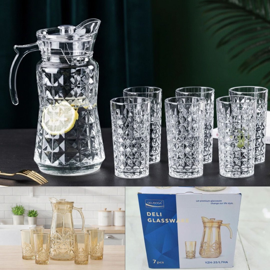 s-l1600-1001.jpg 7PCS Glassware Set Crystal Effect Water 1.7L Jug 6 Tumblers Glass
