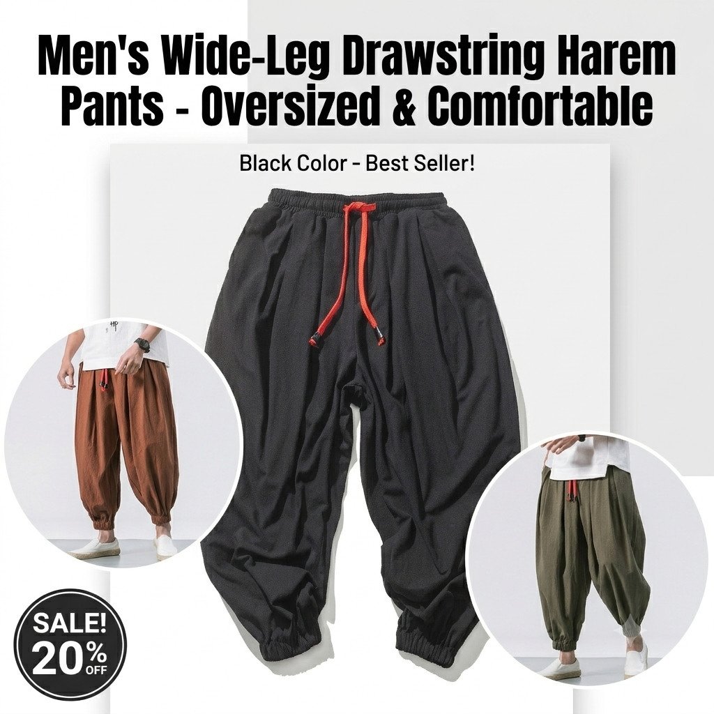 Men Baggy Harem Pants Japanese Men Crotch Wide Leg Pants Casual