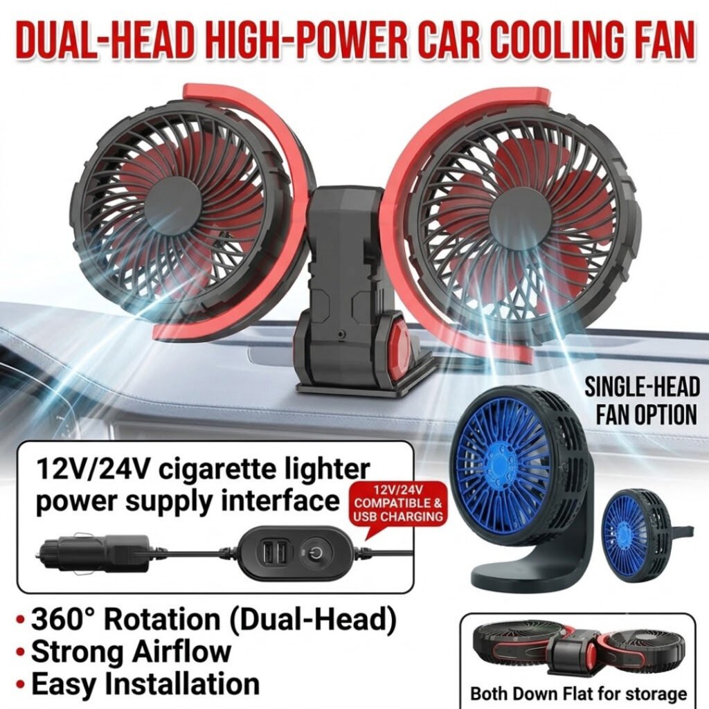Dual Head Car Cooling Fan 12V 24V Foldable 3 Speed 360 USB Charger