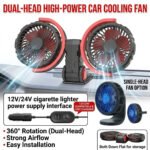 Dual Head Car Cooling Fan 12V 24V Foldable 3 Speed 360 USB Charger