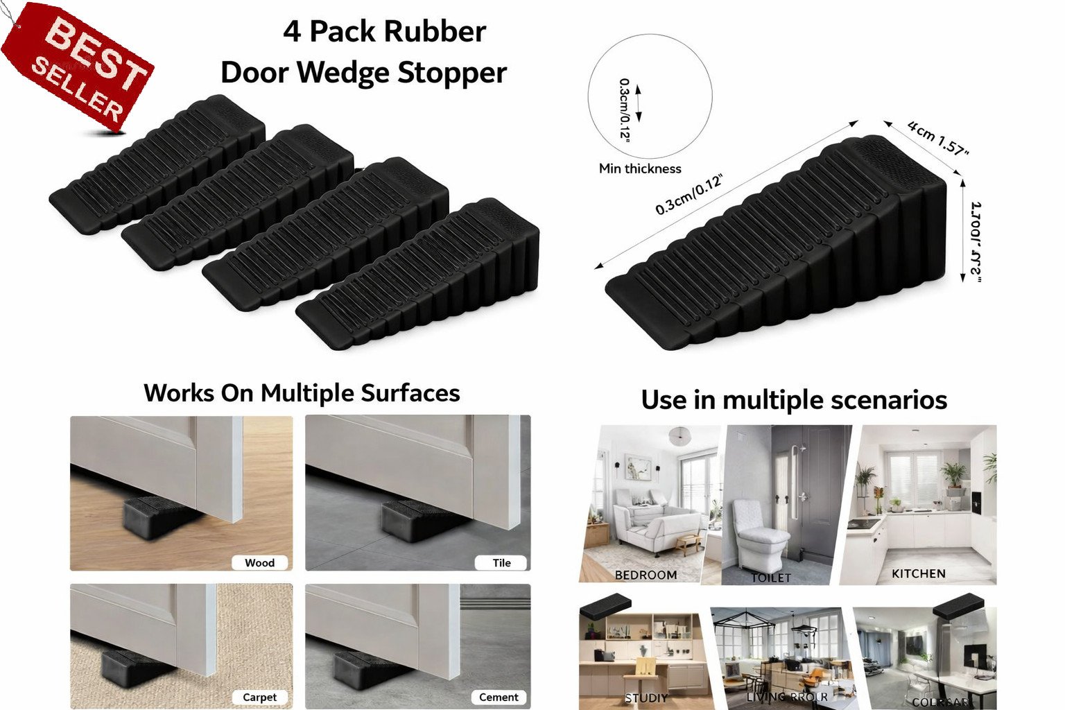 Black Extra Heavy Duty Security Door Stopper Anti-Slip Wedge Black Extra Heavy Duty Security Door Stopper Anti-Slip Wedge