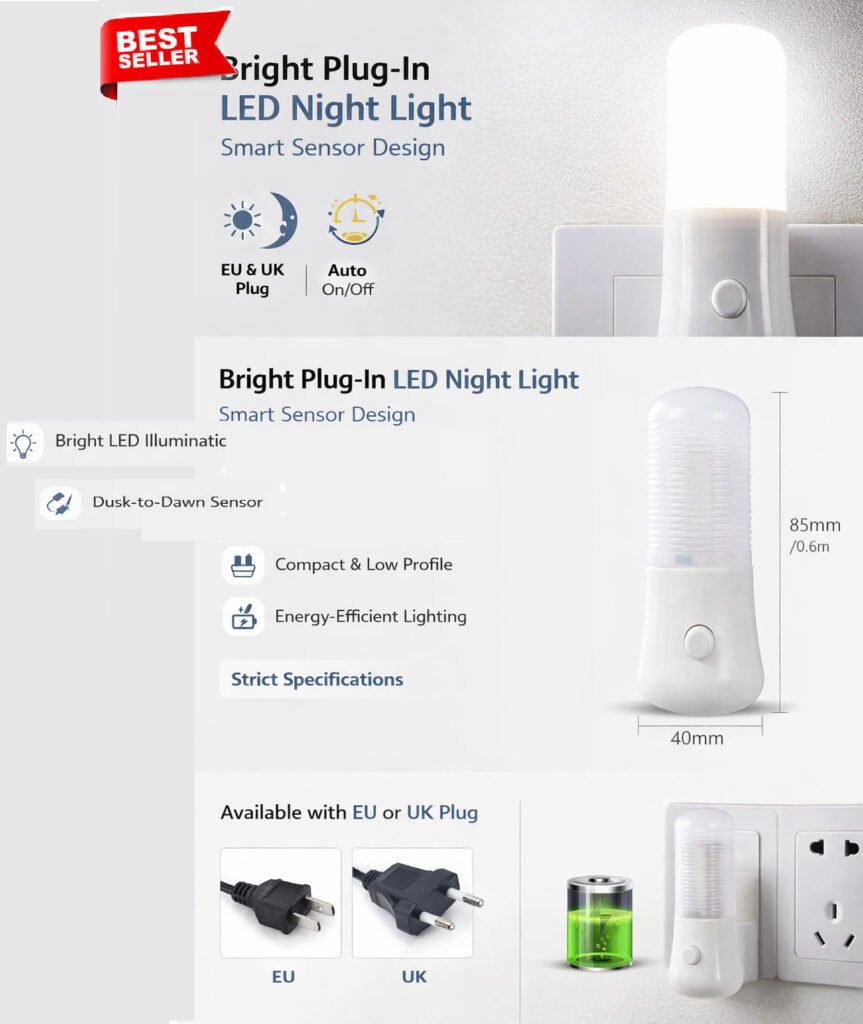 Plug In Low Energy Automatic LED Baby Night Light Dusk To Dawn