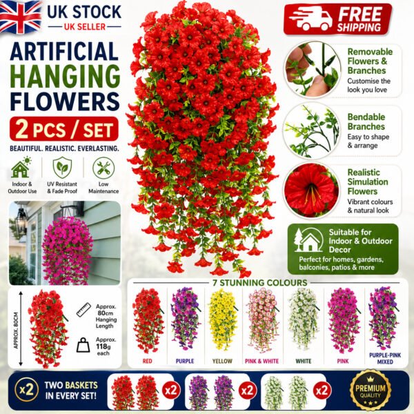Artificial Fake Hanging Basket Plants Silk Flowers Vine Home Decor