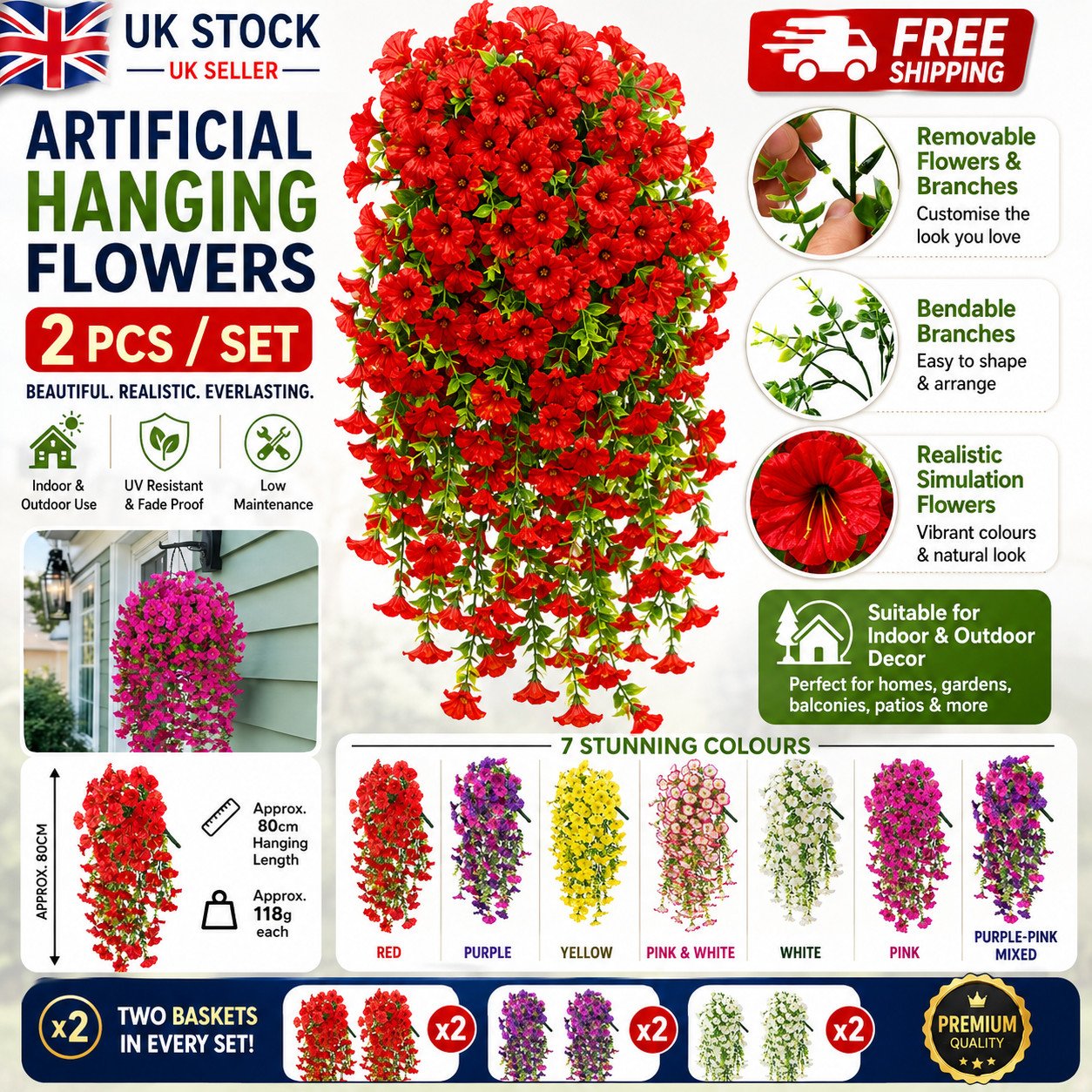 Artificial Fake Hanging Basket Plants Silk Flowers Vine Home Decor Artificial Fake Hanging Basket Plants Silk Flowers Vine Home Decor