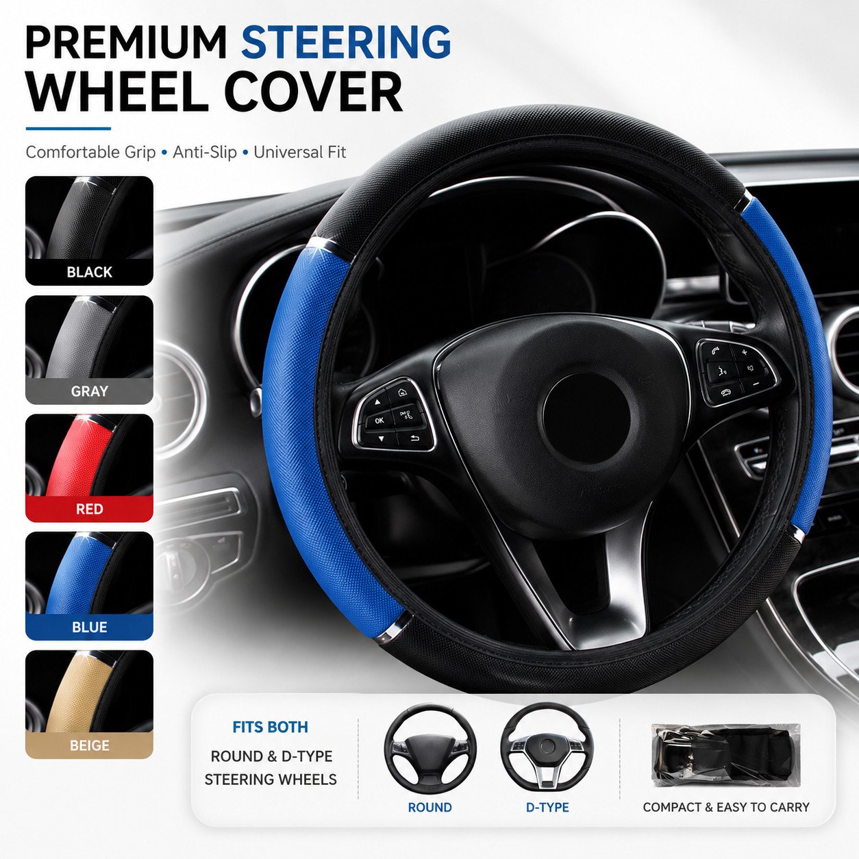 Leather Car Steering Wheel Cover Anti-Slip Universal Protector 38cm Leather Car Steering Wheel Cover Anti-Slip Universal Protector 38cm