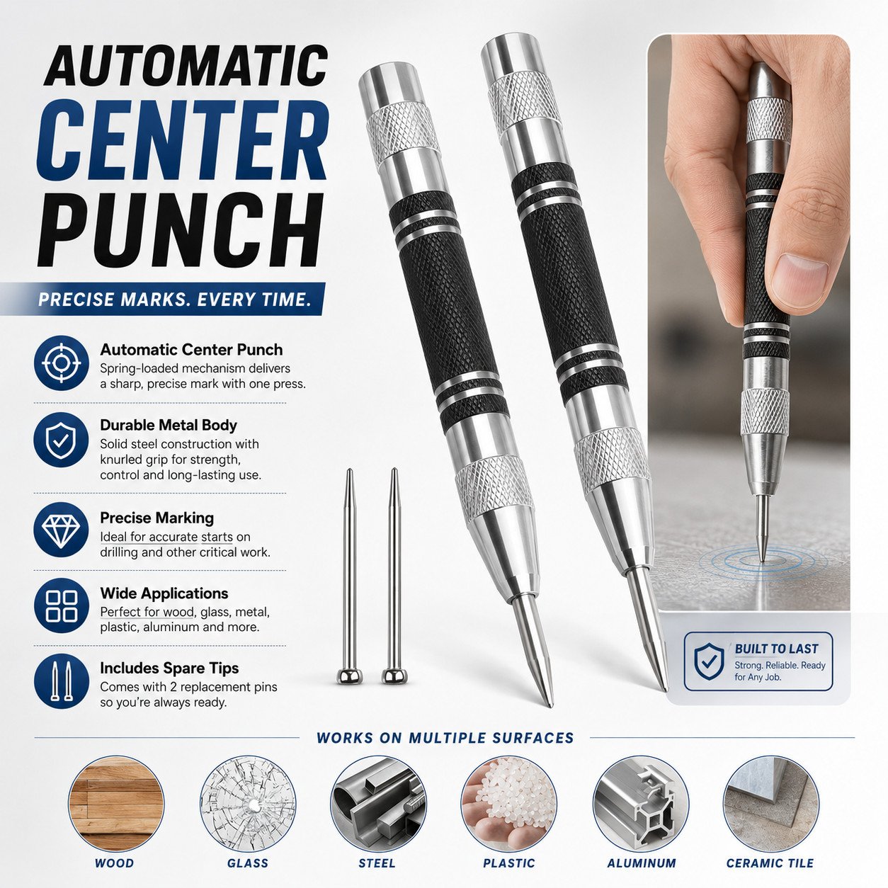 Automatic Centre Punch Spring Loaded Auto Hole Metal Wood Marker Automatic Centre Punch Spring Loaded Auto Hole Metal Wood Marker