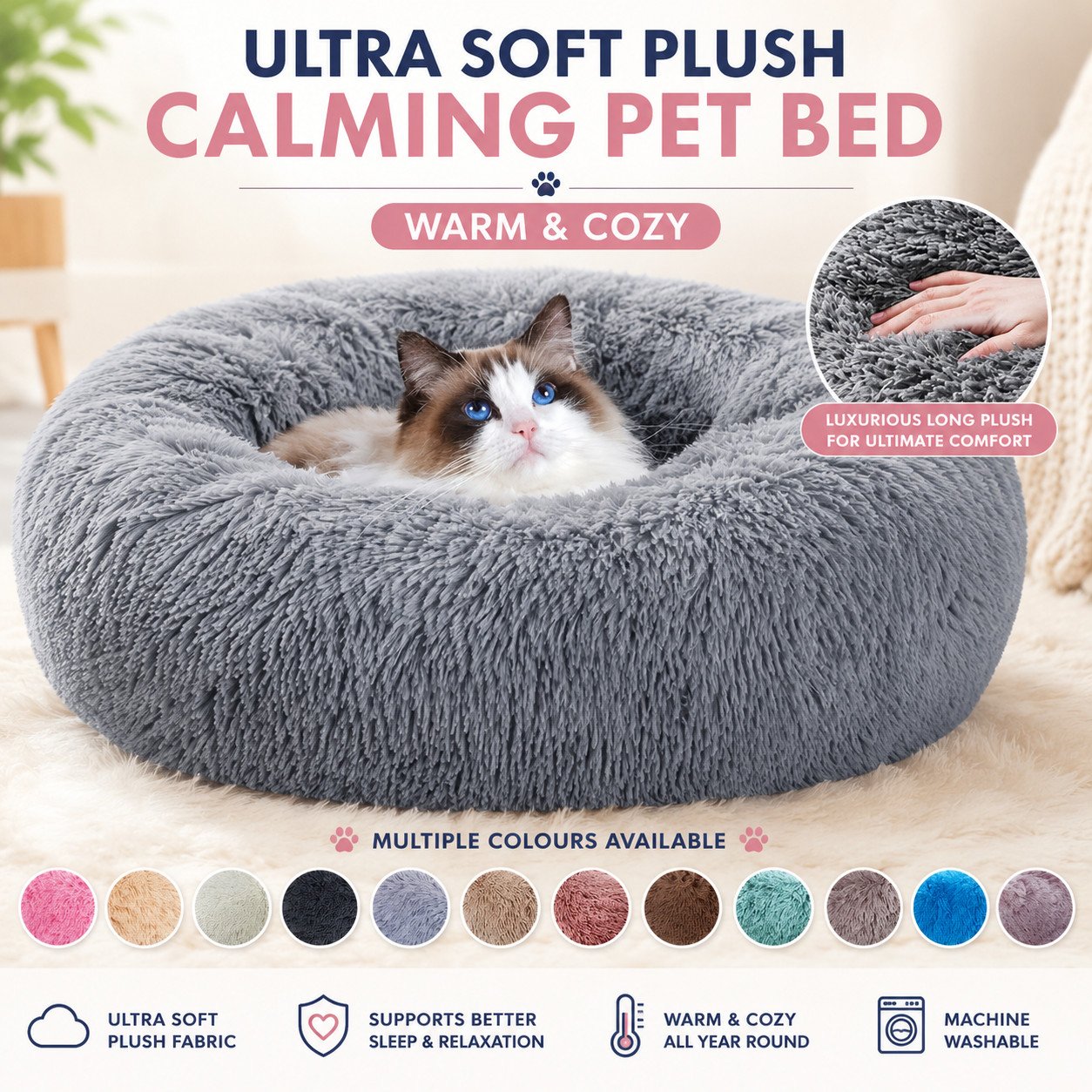 Round Pet Bed for Large Dogs, Soft Plush Cat Bed 40-90cm Round Pet Bed for Large Dogs, Soft Plush Cat Bed 40-90cm