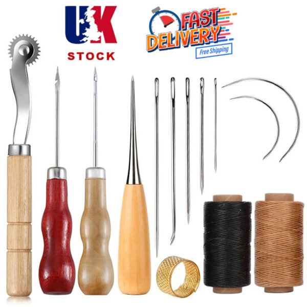 Leather Craft Sewing Kit Waxed Thread Needles Awl Thimble Beginner