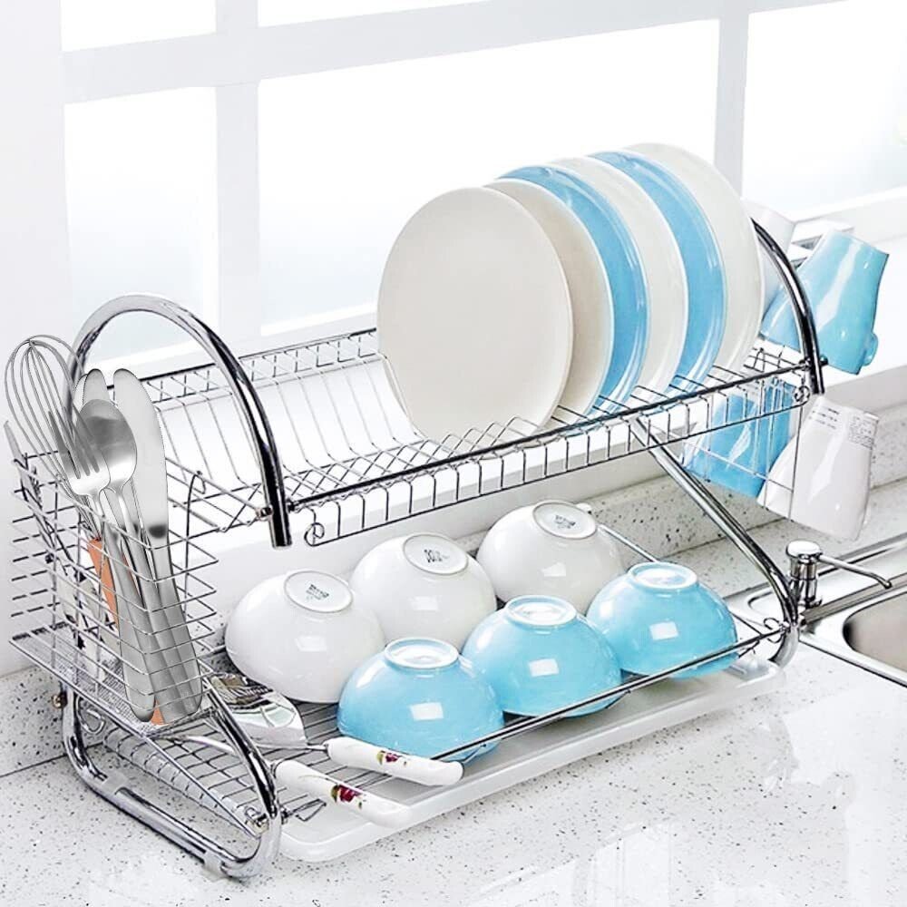2 Tier Dish Drying Rack Drainer Rack Cutlery Bowl Plate Holder