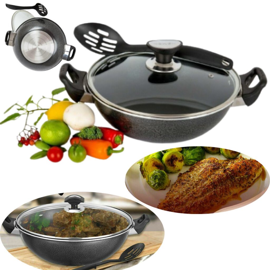Non Stick Induction Wok Pan Karahi with Lid Fry Deep Cooking Frying